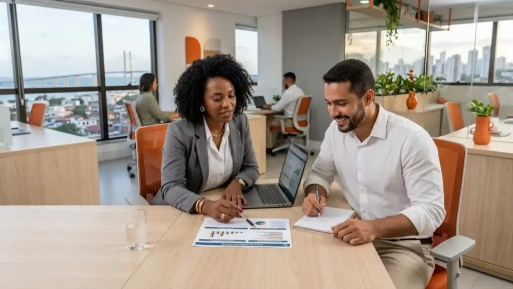 Equipe em escritório moderno analisa gráficos e relatórios em um notebook durante uma reunião, discutindo modelos de avaliação de desempenho para tomada de decisão.