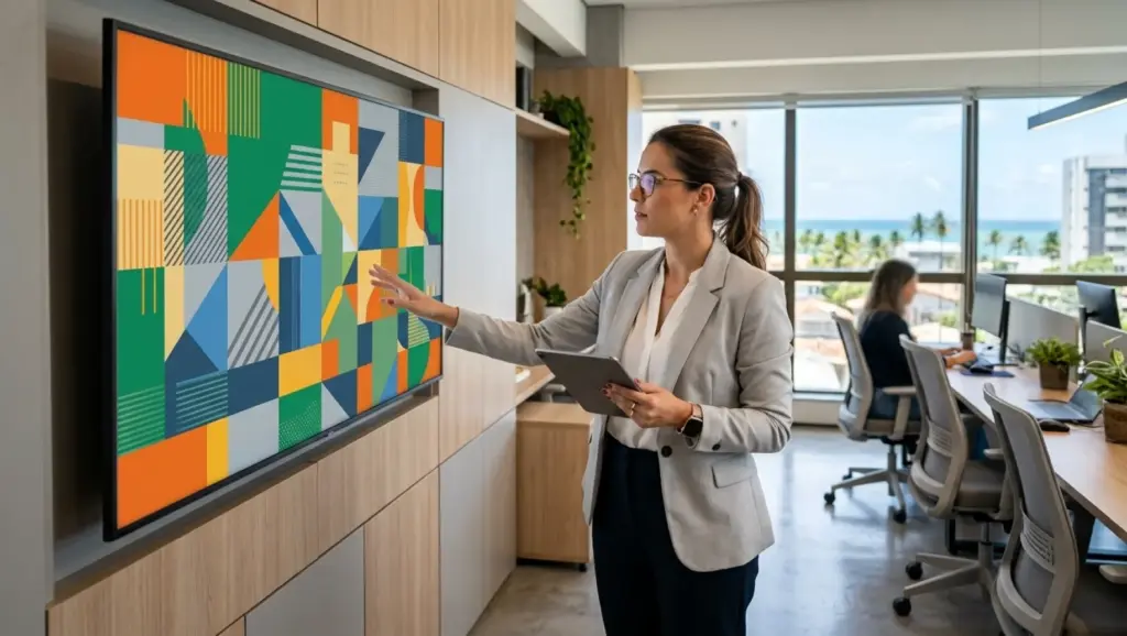 Dois profissionais conversam em uma sala de reuniões enquanto analisam um relatório no notebook, sugerindo modelos de avaliação de desempenho com gráficos e indicadores