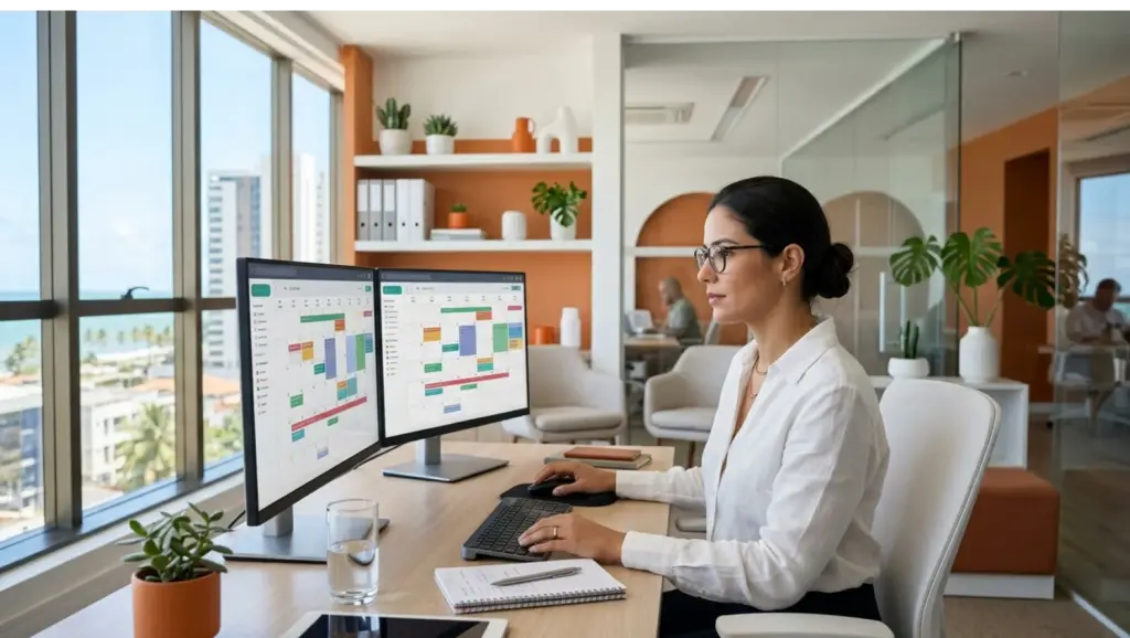 Mulher executiva em escritório moderno trabalhando em dois monitores com gráficos e planilhas, com caderno e teclado, em ambiente corporativo com janelas grandes e plantas decorativas, licença remunerada