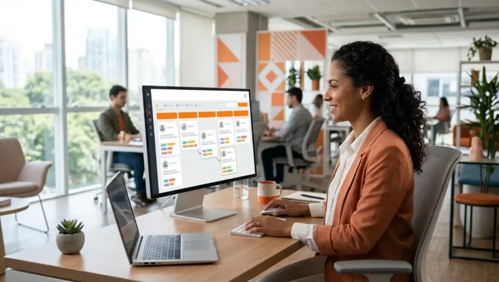 Mulher sorridente em escritório moderno usando um computador com dashboard em tela, enquanto colegas trabalham ao fundo; contexto de banco de talentos e recrutamento digital