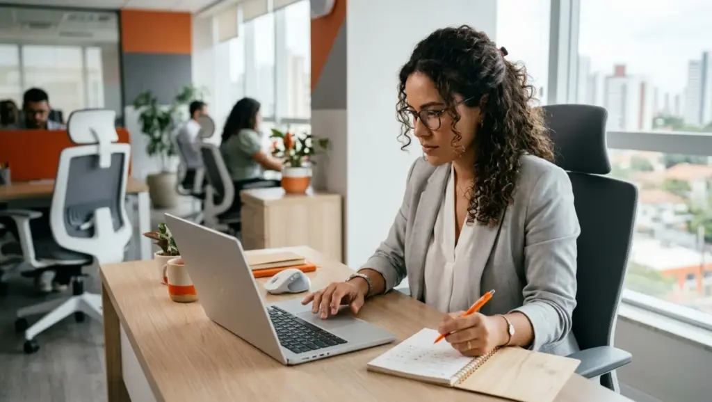 Mulher trabalhando em escritório moderno ao lado de laptop e caderno com anotações, usando caneta para registrar informações. Cena relacionada a modelos de avaliação de desempenho.