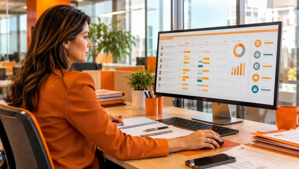 Mulher trabalhando em escritório moderno ao lado de um monitor com dashboard de informações e gráficos, enquanto analisa documentos na mesa, relacionada a verbas indenizatórias