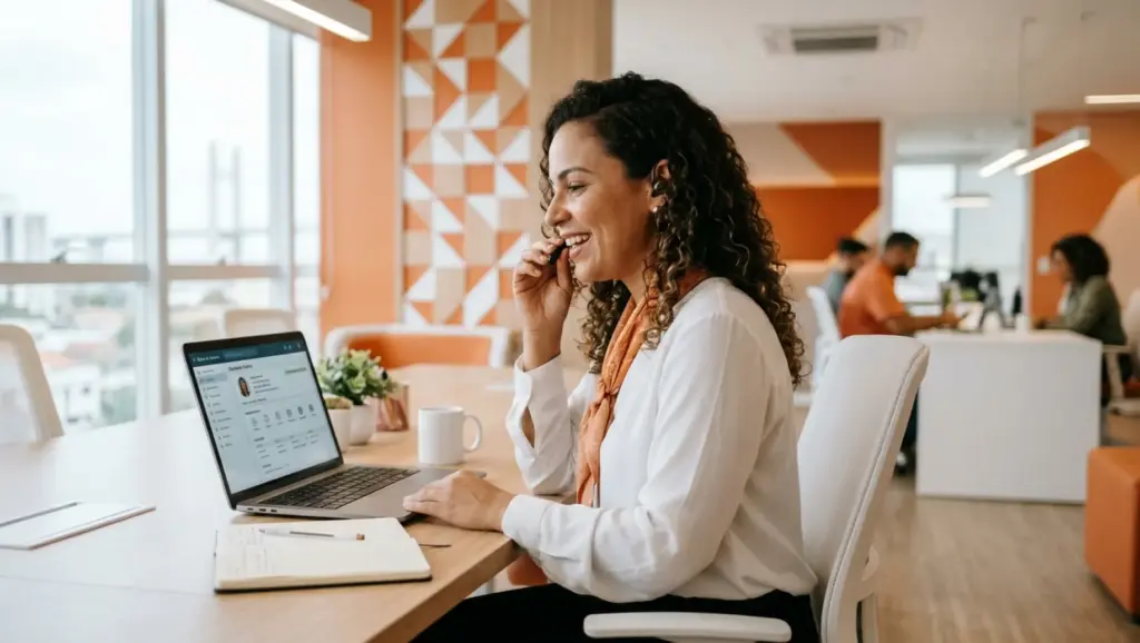 Mulher sorridente trabalhando em escritório moderno, ao lado de notebook com tela de banco de talentos, enquanto atende mensagens no celular e conversa com colegas ao fundo.