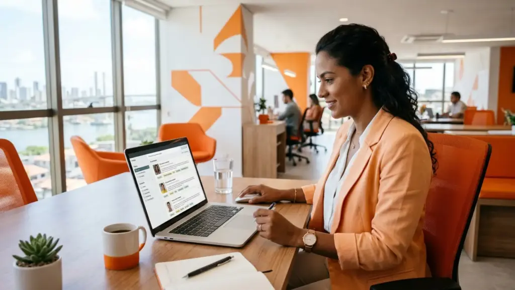 Mulher trabalhando em escritório moderno, com notebook aberto e página de banco de talentos na tela, enquanto conversa e organiza tarefas em ambiente corporativo com janelas e coworking ao fundo.
