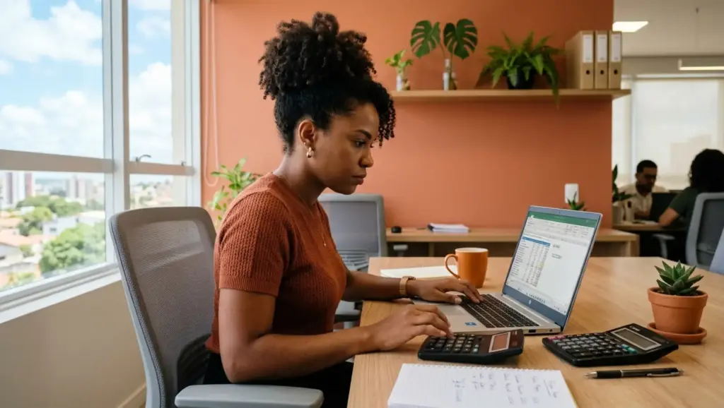 Data-base em um ambiente de escritório: mulher com laptop analisa planilhas e documentos sobre a mesa, enquanto o cálculo e a organização do trabalho são evidentes.