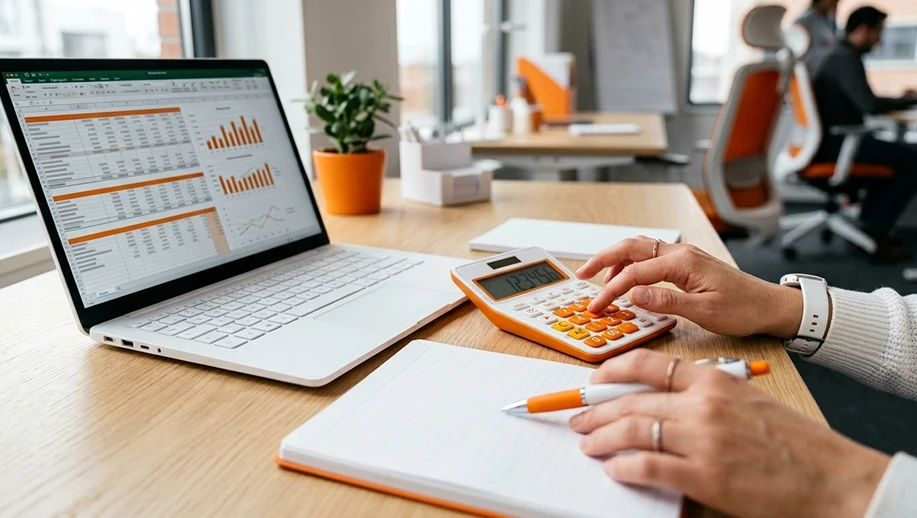 Pessoa analisando gráficos no notebook e usando calculadora em uma mesa de escritório, com planilhas e documentos para planejamento financeiro. GRRF