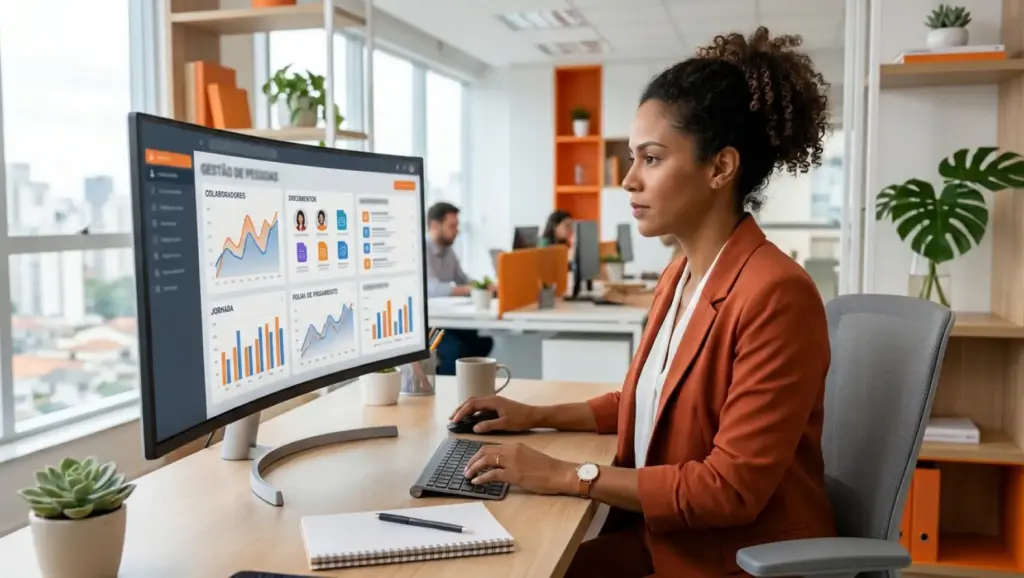 Profissional em escritório analisando em um monitor gráficos de gestão de pessoas, enquanto digita no teclado; ilustração para Diferença entre DP e RH.