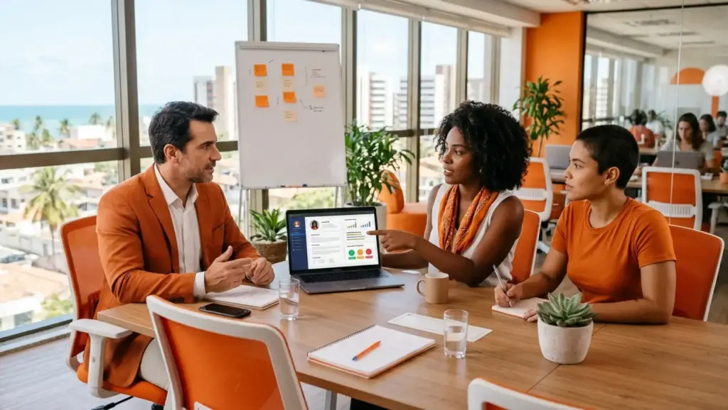 Reunião em escritório com equipe discutindo em torno de um notebook e tablet, enquanto uma pessoa apresenta uma Carta proposta em um quadro branco para o grupo