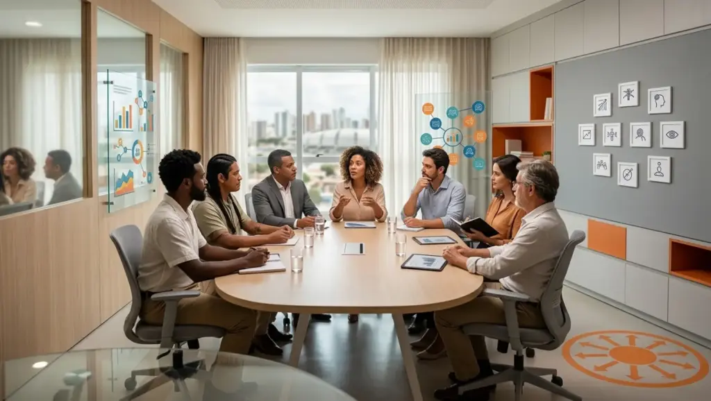 Reunião em uma sala de conferência com equipe corporativa ao redor de uma mesa, discutindo gráficos e relatórios visuais sobre modelos de avaliação de desempenho.