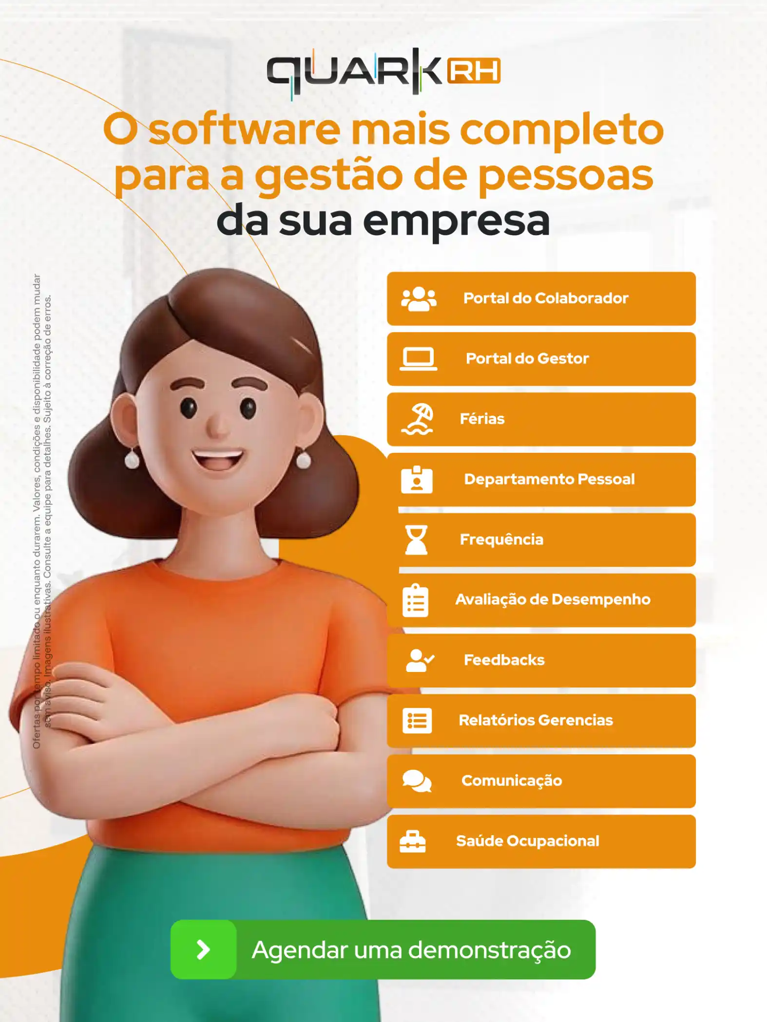Imagem de divulgação do sistema QUARK RH para gestão de pessoas, com personagem sorridente e menus do Portal do Colaborador, Portal do Gestor, Férias e avaliações.