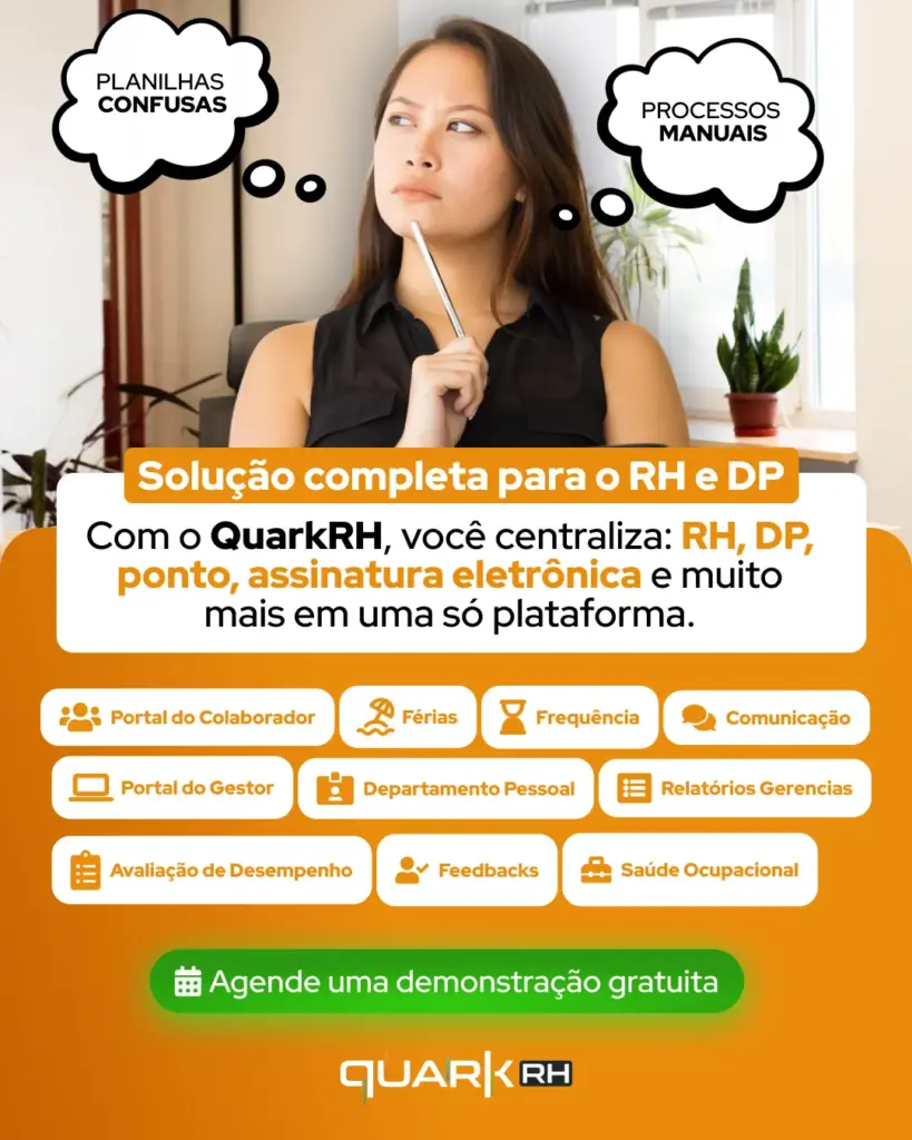 Mulher em ambiente de escritório segurando uma caneta, com elementos gráficos de aplicativo mostrando soluções de RH e DP, e chamada “Agende uma demonstração gratuita” da QuarkRH.