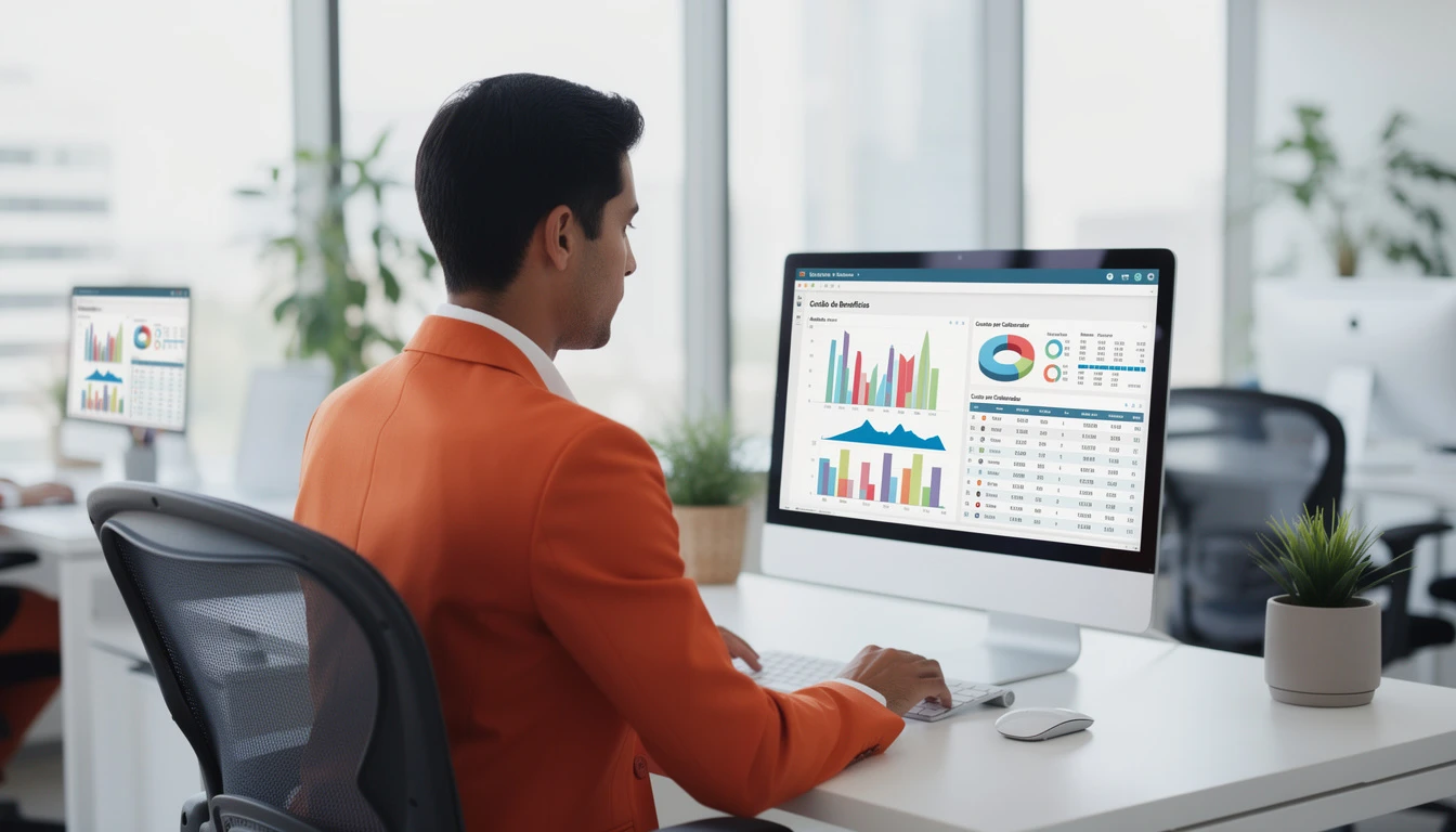 Profissional analisando painéis de controle de benefícios no módulo de Benefícios do QuarkRH em ambiente de escritório moderno, destacando a gestão eficiente de benefícios