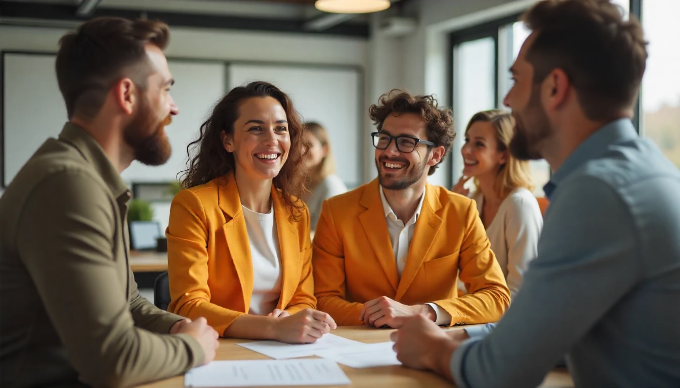 Equipe de profissionais participando de uma reunião de pesquisa de clima organizacional em ambiente de escritório moderno, promovendo diálogo e bem-estar no trabalho.