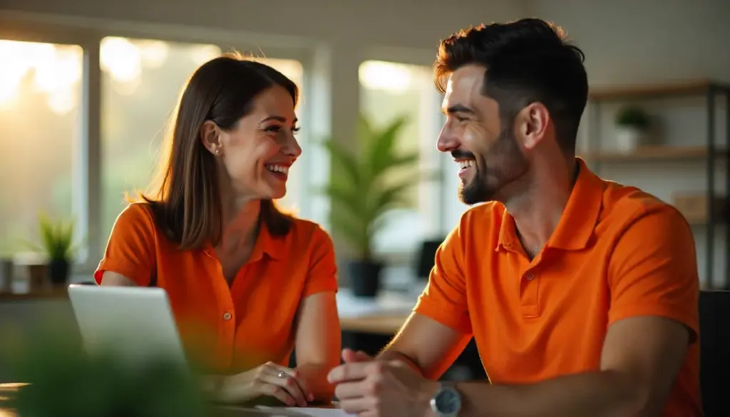 Imagem de dois funcionários sorrindo e conversando em um ambiente de escritório moderno, destacando a importância do Employer Branding na atração de talentos.