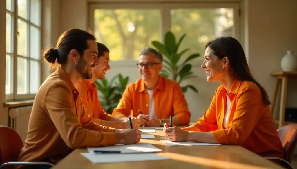 Equipe de profissionais engajados em uma reunião de Employer Branding, promovendo uma cultura organizacional forte e colaborativa.