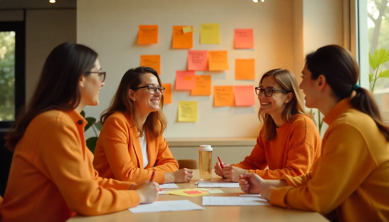 Reunião de mulheres profissionais em ambiente de escritório, discutindo ideias e estratégias com post-its coloridos na parede ao fundo.
