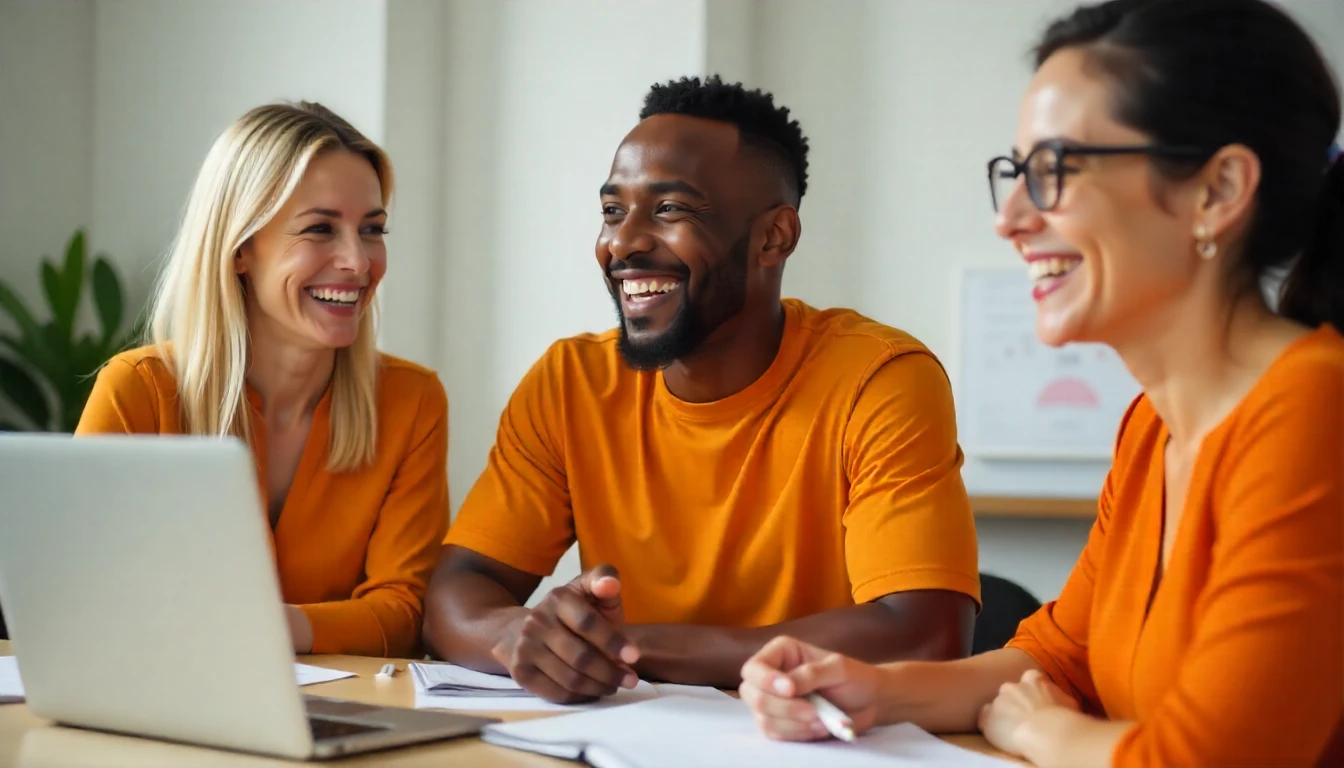 Equipe de trabalho diversificada e feliz em reunião, promovendo um clima organizacional positivo e colaborativo.
