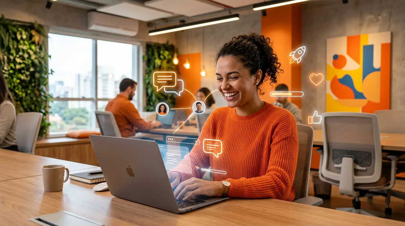 Profissional sorrindo em escritório moderno usando notebook, com ícones digitais de mensagens e curtidas sobrepostos, representando Endomarketing: como aplicar na sua empresa