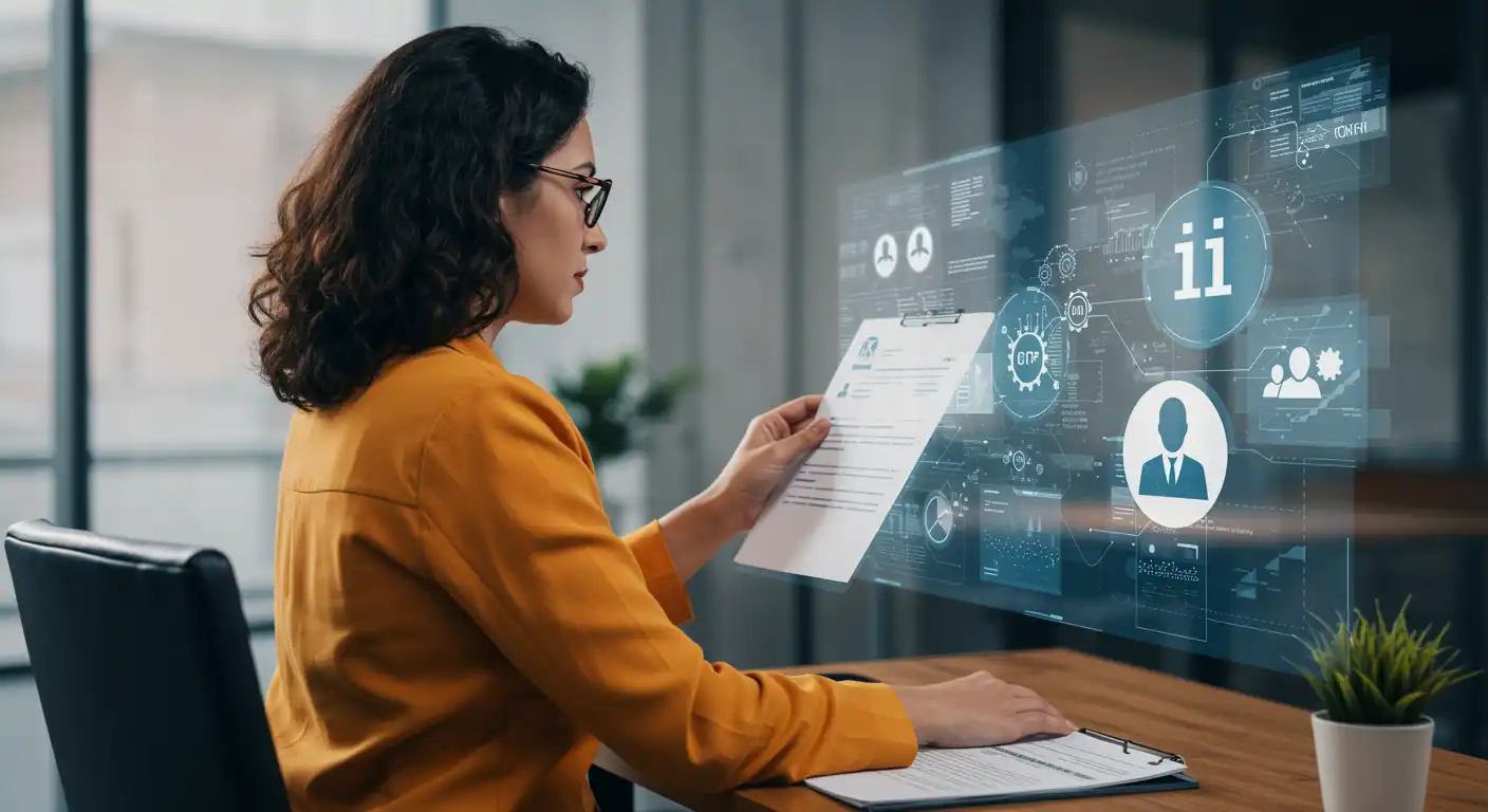 Profissional de RH utilizando tecnologias digitais modernas para gestão de recursos humanos e departamento pessoal, fortalecendo processos digitais.