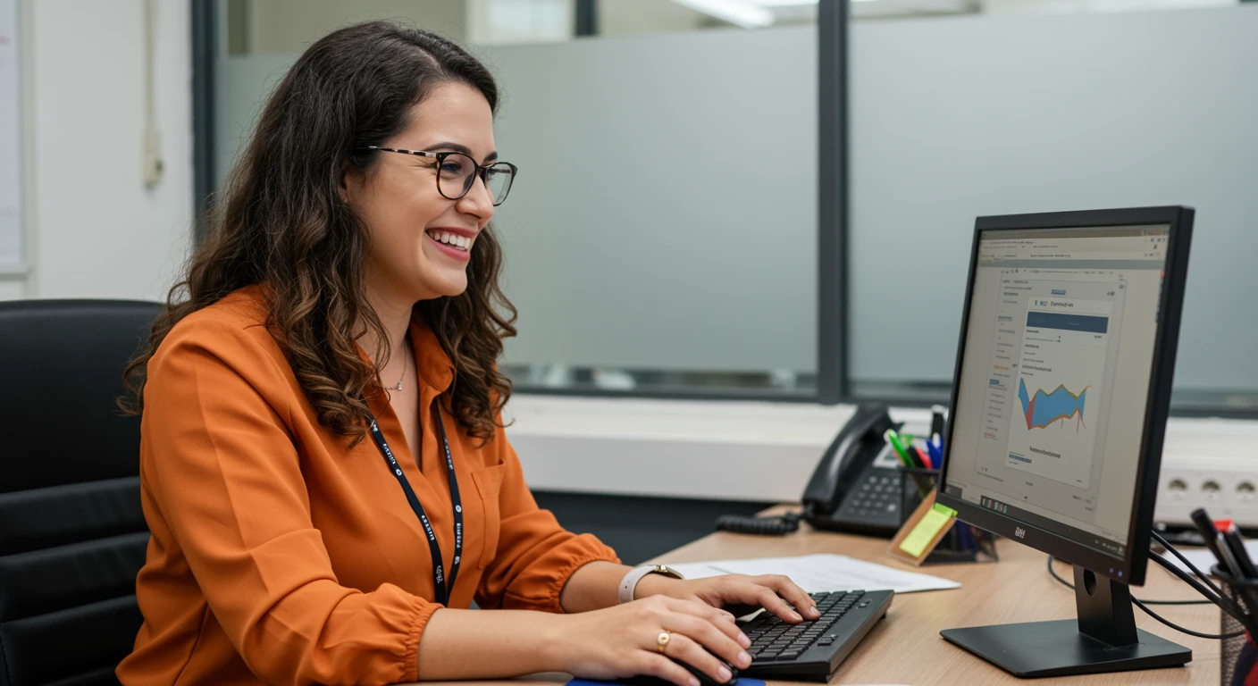 Mulher sorridente utilizando softwares e sistemas para RH e DP em seu computador, em ambiente corporativo, com gráficos de desempenho na tela.