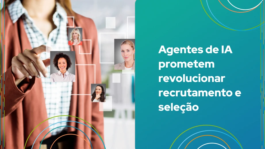 Imagem de um agente de IA demonstrando como a tecnologia pode revolucionar recrutamento e seleção, com rostos de pessoas ao fundo.