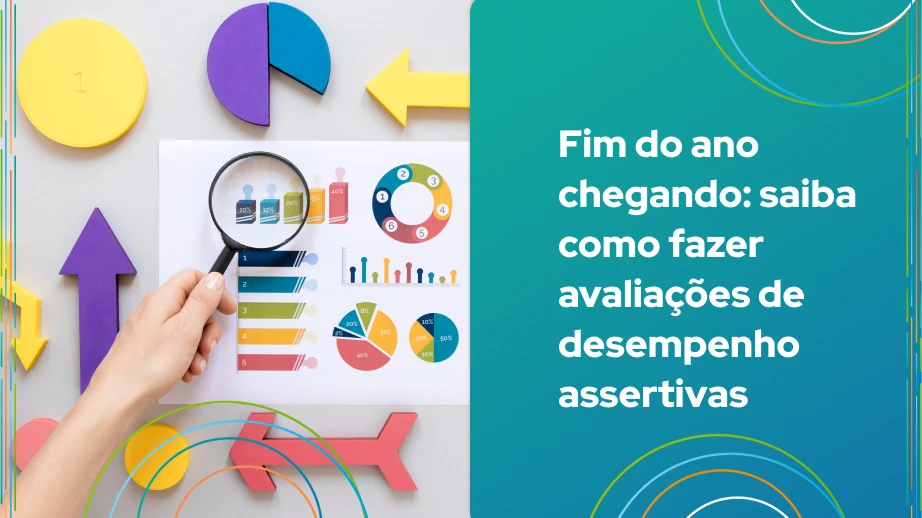 Uma mão segurando uma lupa sobre gráficos coloridos e formas geométricas em um fundo claro, destacando a análise de dados.