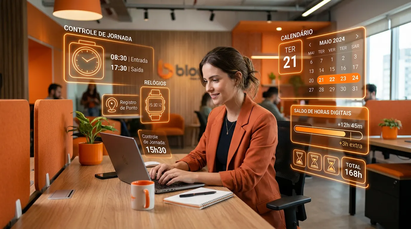 Mulher em escritório usando notebook, com painel holográfico de controle de jornada, calendário e saldo de horas digitais, ilustrando Banco de horas e CLT.
