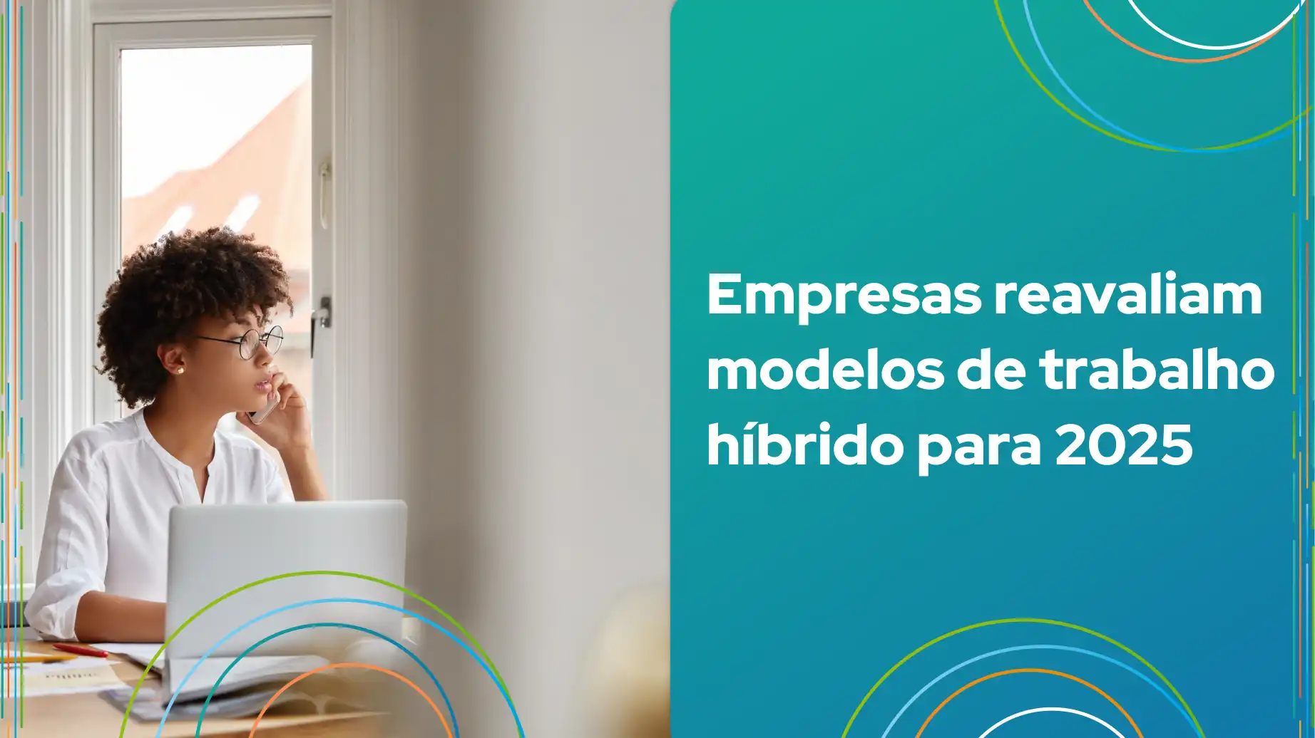 Uma profissional refletindo sobre modelos de trabalho híbrido em um escritório moderno, promovendo a reavaliação das estratégias empresariais para 2025.