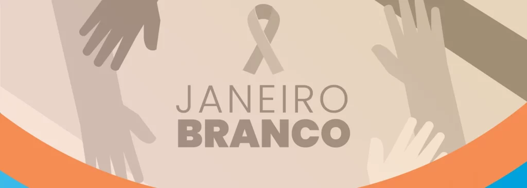 Imagem com o tema Janeiro Branco, apresentando o símbolo da campanha, que promove a saúde mental. Inclui texto sobre ações que o RH pode adotar.