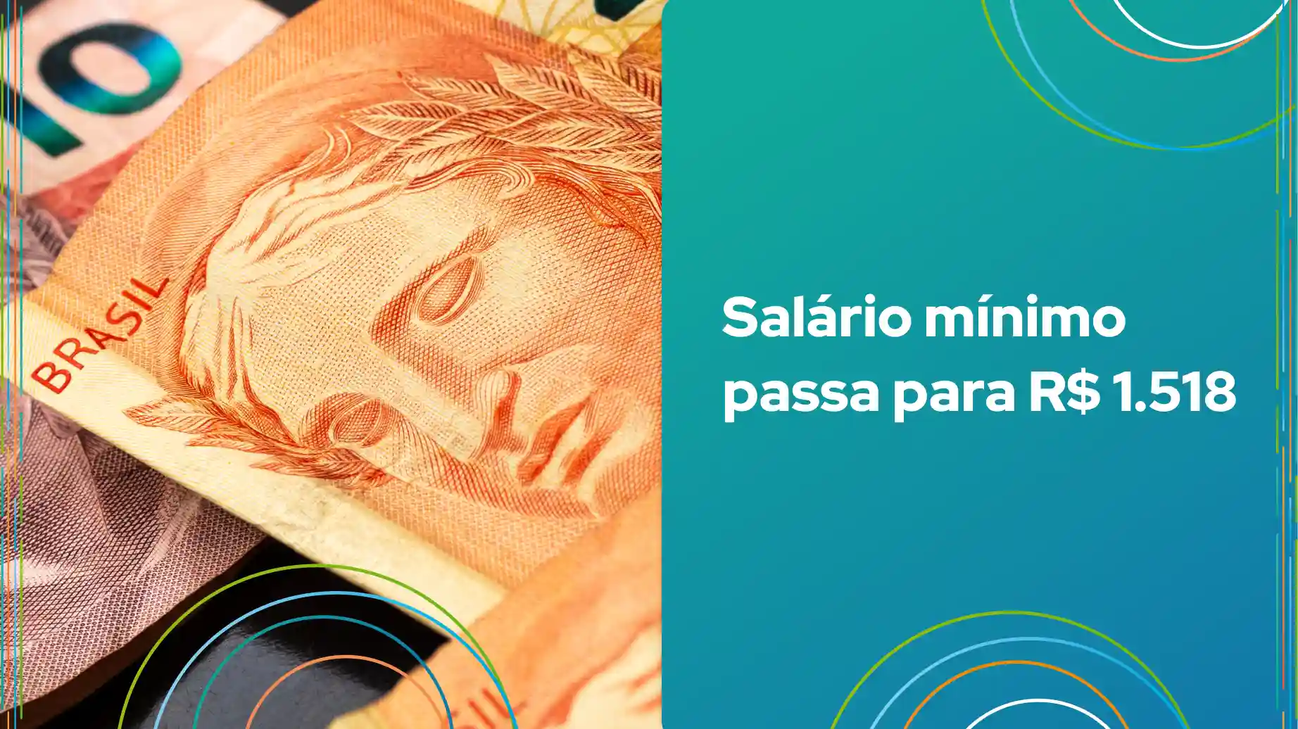 Nota de 10 reais com destaque para o rosto da figura central e texto informativo sobre o novo valor do salário mínimo no Brasil.