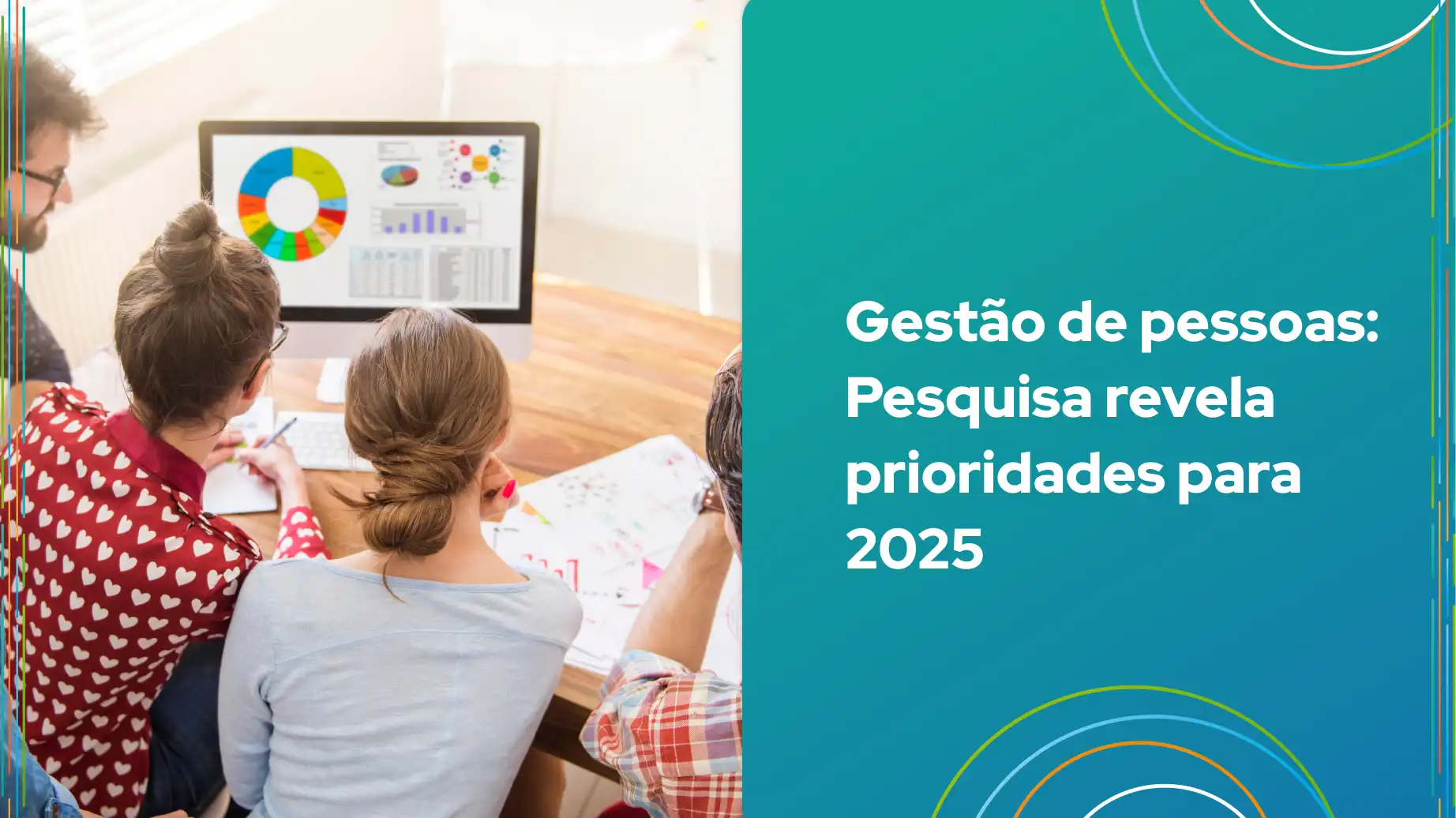 Grupo de profissionais analisando dados em um computador sobre gestão de pessoas e prioridades para 2025.