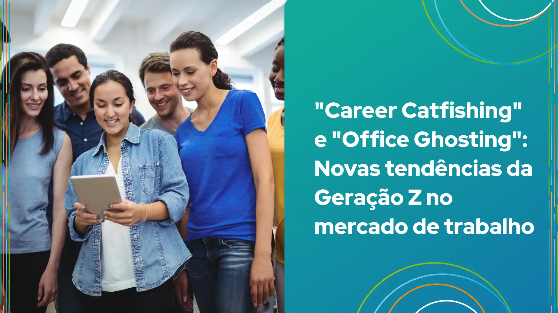 Grupo de jovens se reúne para discutir novas tendências de trabalho da Geração Z, como 'Career Catfishing' e 'Office Ghosting'.