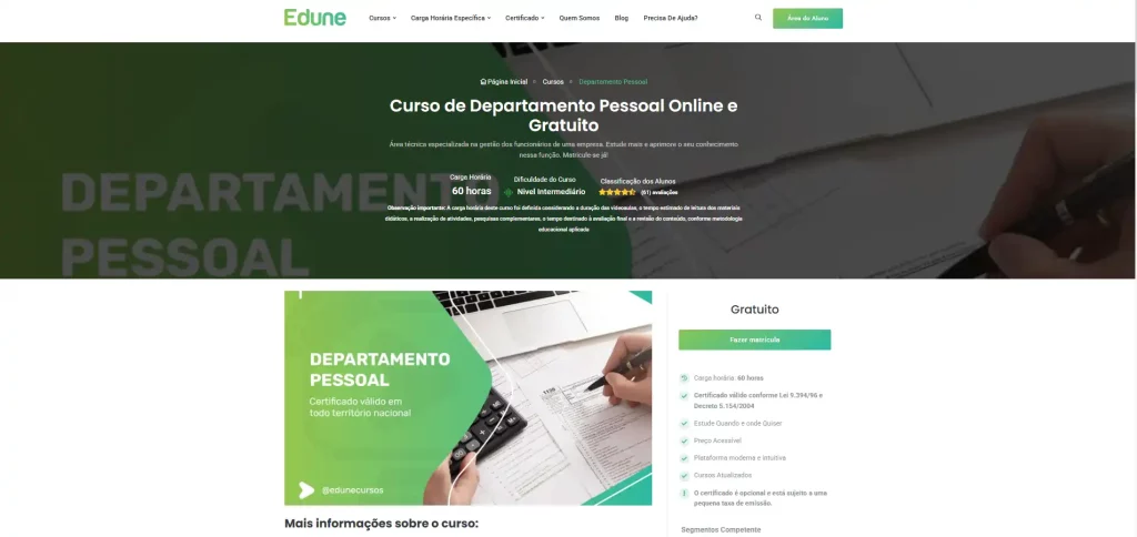 Imagem do curso de Departamento Pessoal oferecido pela Edune, destacando a gratuidade e certificação válida em todo o Brasil. Aprenda online com acesso facilitado.