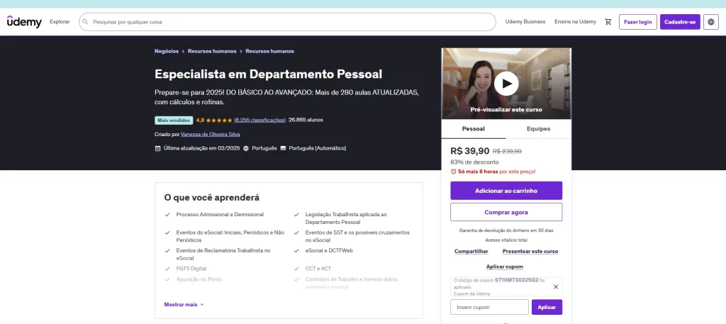 Imagem promocional do curso 'Especialista em Departamento Pessoal' na Udemy, cursos para departamento pessoal - DP.
