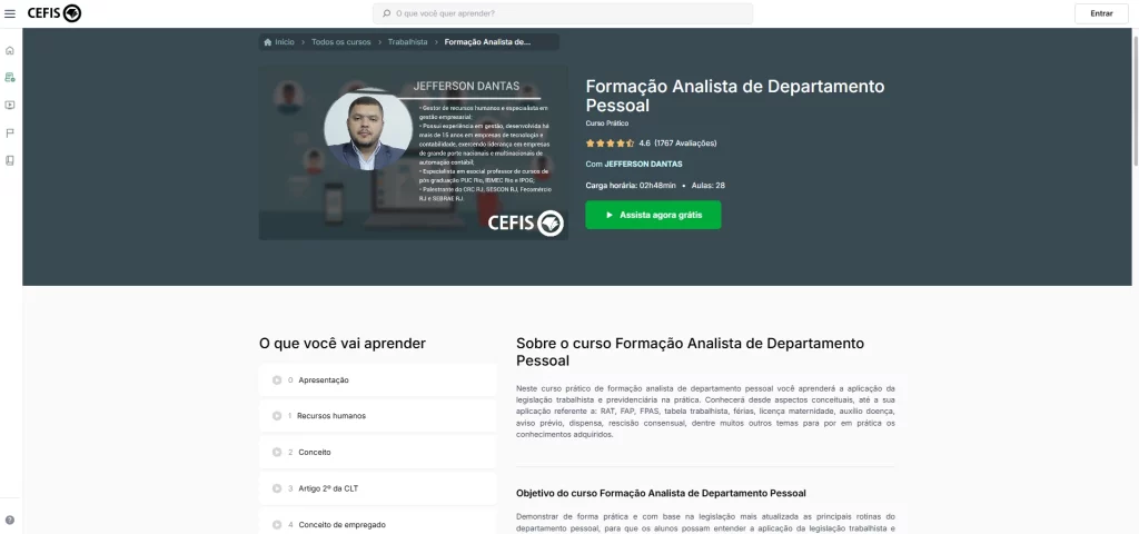 Imagem do curso de Departamento Pessoal oferecido pela Edune, destacando a gratuidade e certificação válida em todo o Brasil. Aprenda online com acesso facilitado.