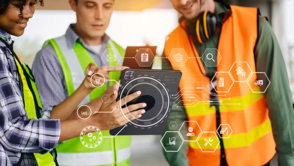 Imagem de profissionais discutindo sobre SST (Segurança e Saúde no Trabalho), analisando dados e sua importância para as empresas.