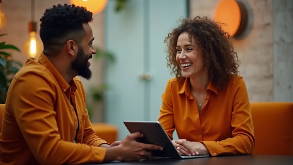 casal conversando com tablet O que é presenteísmo? Quais os efeitos para sua empresa?