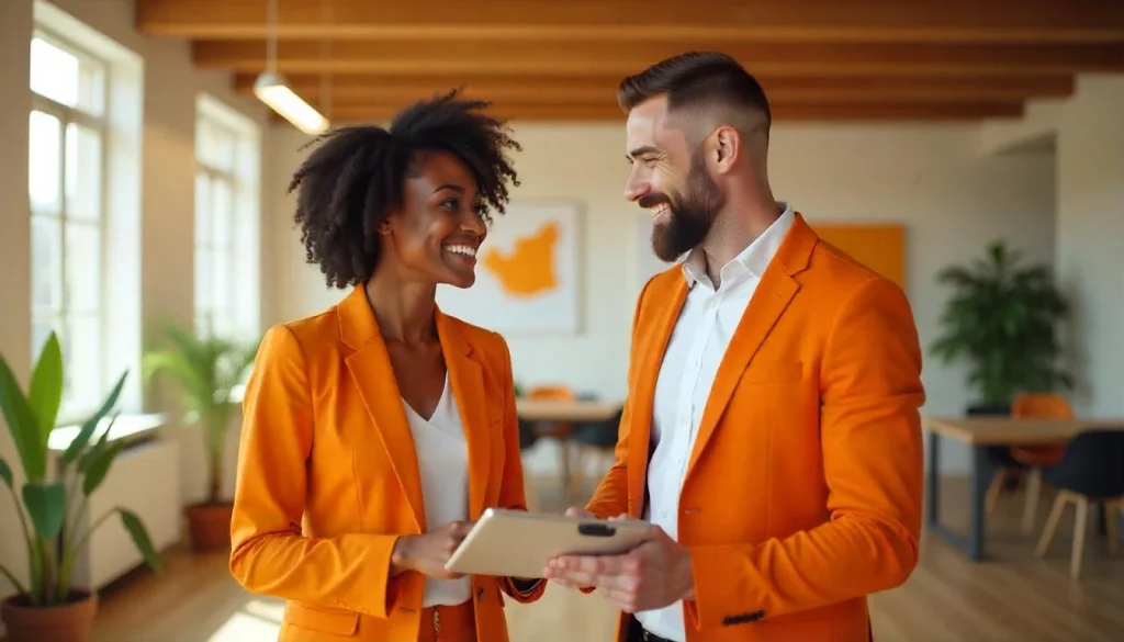 casal profissionais felizes trajes laranja Comunicação não violenta: O que é? Como aplicar na sua empresa?