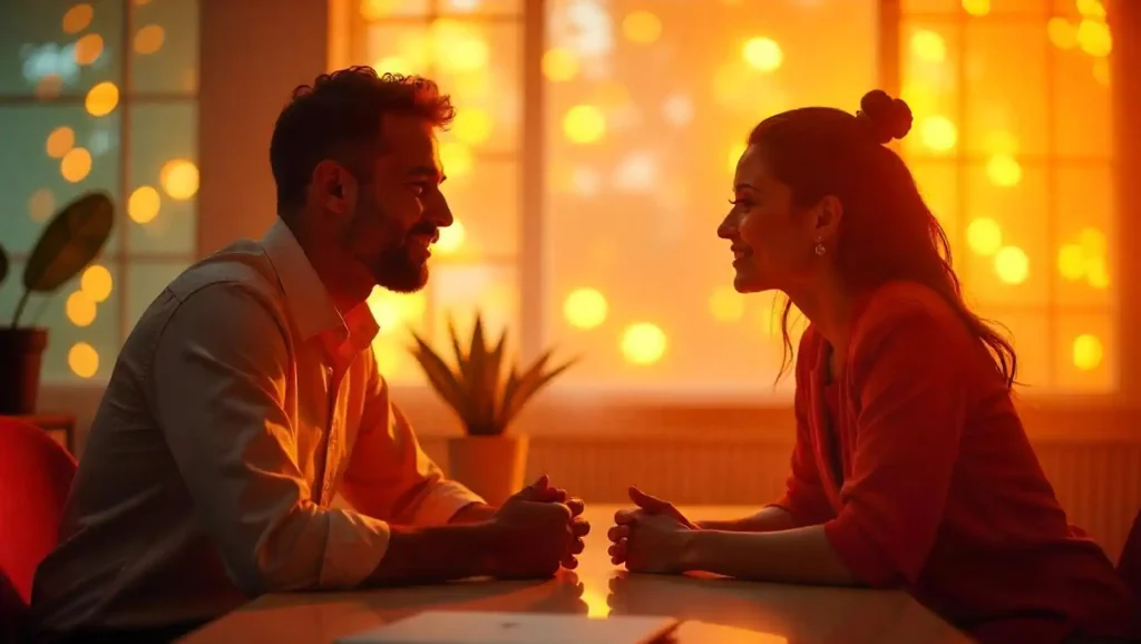 Casal se olhando em um ambiente iluminado por luzes suaves, destacando momentos de amor e conexão em um cenário romântico falando sobre liderança humanizada.
