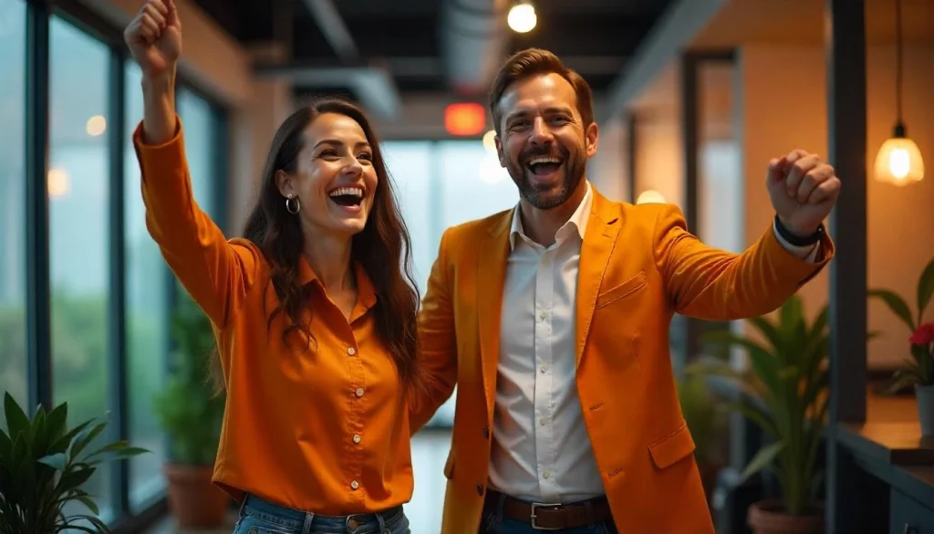 casal sorridente roupas laranjas Comunicação não violenta: O que é? Como aplicar na sua empresa?