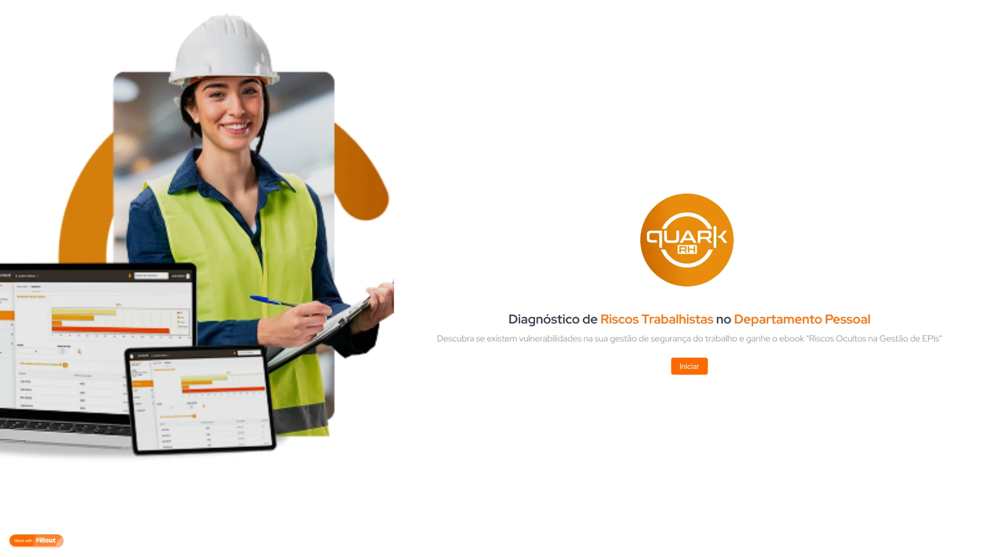 Imagem relacionada a diagnóstico de riscos trabalhistas no departamento pessoal, com uma mulher usando capacete de segurança e dispositivos digitais de análise. Ideal para quem busca soluções em gestão de riscos na área de recursos humanos.