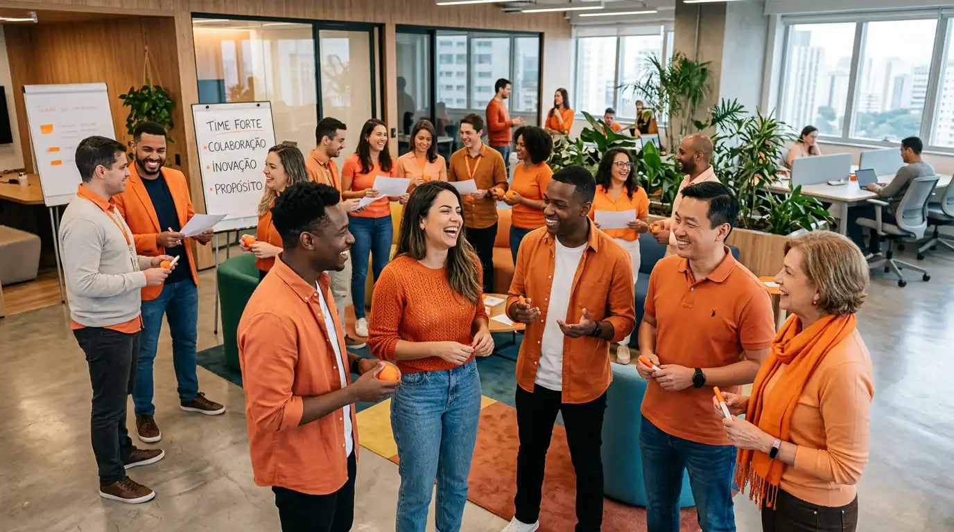 Equipe de profissionais em um ambiente de escritório moderno, reunida para confraternização e conversa, demonstrando a importância de um ambiente de trabalho saudável nas empresas.
