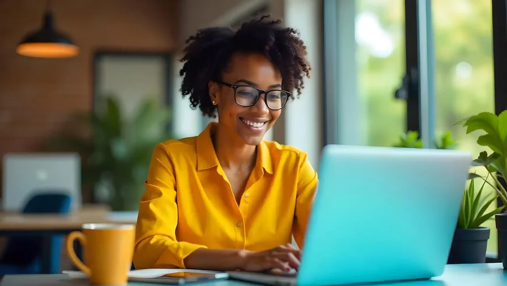 Mulher sorridente usando laptop, vestindo camisa amarela, em ambiente moderno e iluminado adequadamente. Ideal para referências sobre produtividade e home office pesquisando sobre habilidades do futuro.