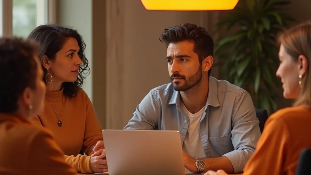 Grupo de pessoas em uma reunião, discutindo ideias e analisando dados em um laptop, com ambiente aconchegante e moderno.