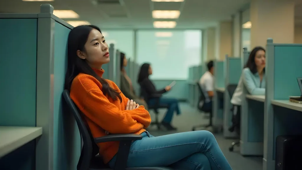 Jovem mulher de cabelo longo sentada com braços cruzados em uma sala de espera de escritório, ao lado de cabines com outros funcionários usando computadores pensando em boreout