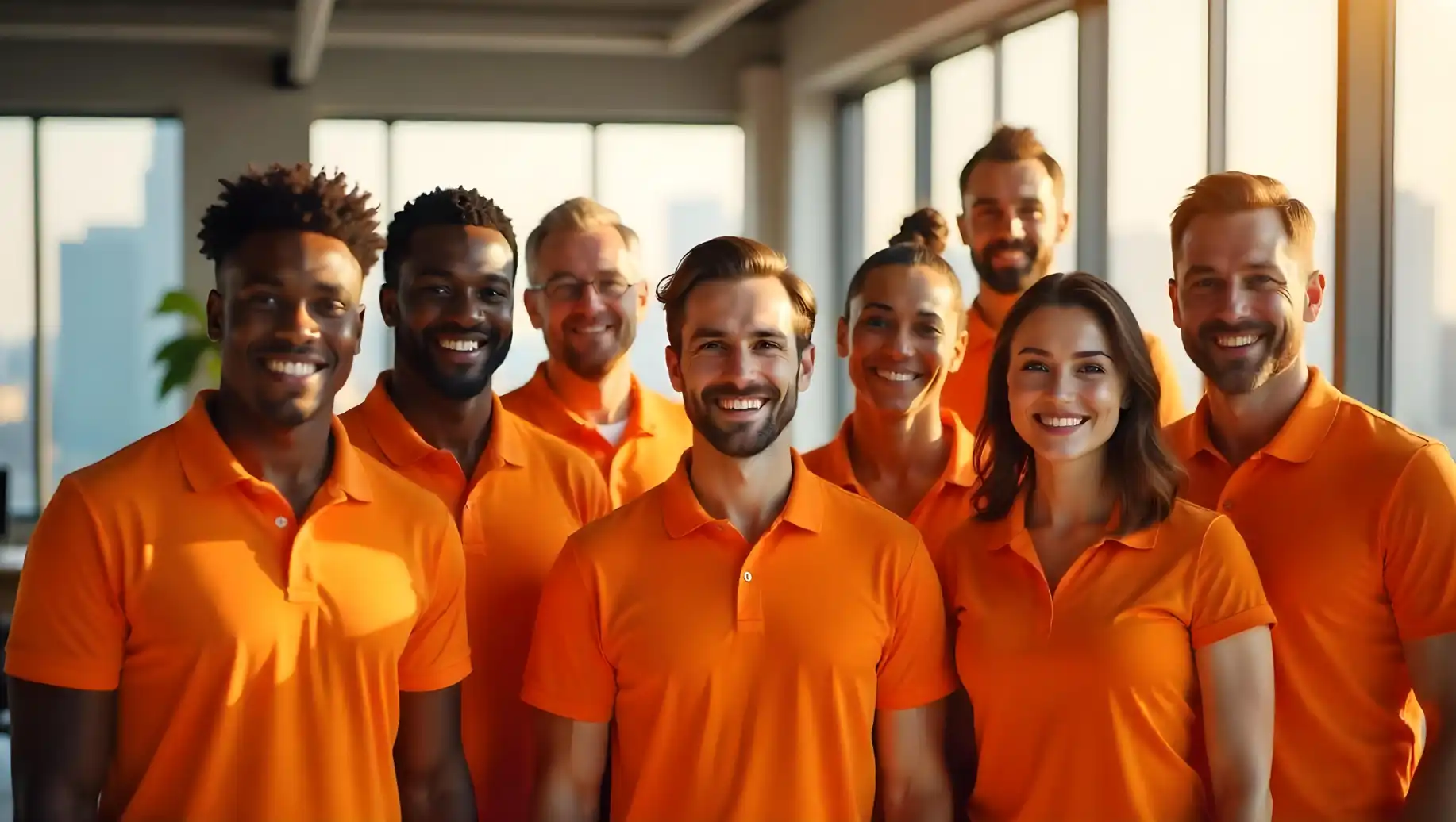 Grupo de pessoas de diferentes etnias sorrindo em um ambiente de escritório moderno, todos usando camisetas laranja, representando equipe de trabalho com Missão, visão e valores bem estabelecidos.