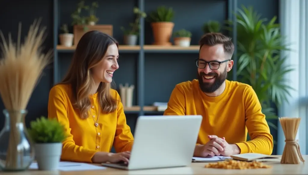 Dupla de colegas de trabalho sorrindo e interagindo durante uma reunião, promovendo engajamento no trabalho e colaboração eficaz no ambiente de escritório.