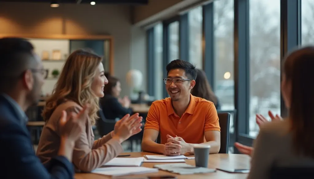 Equipe de pessoas sorrindo e conversando em uma reunião de trabalho, demonstrando alto engajamento no trabalho, em ambiente moderno e iluminado.