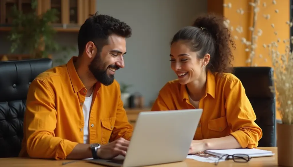 Homem e mulher sorridentes trabalhando juntos em um ambiente de escritório, demonstrando engajamento no trabalho e colaboração eficaz.