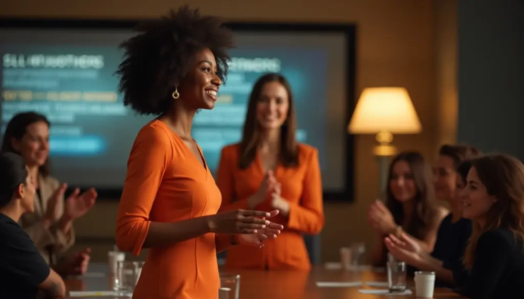 Equipe de trabalho engajada e participativa em uma reunião de negócios, demonstrando entusiasmo e comprometimento no ambiente corporativo.